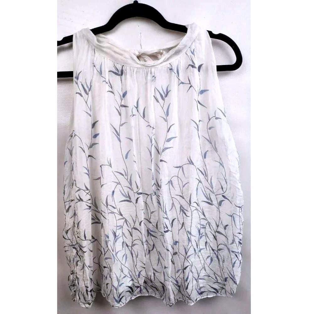Elena Baldi Silk Sleeveless Blouse Top Womens Medium White Blue Floral Romantic
